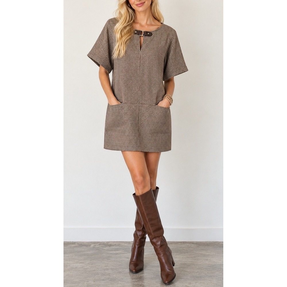 NWT Lauren Ralph Lauren Womens Houndstooth Buckle Neck Sheath Dress L Equestrian